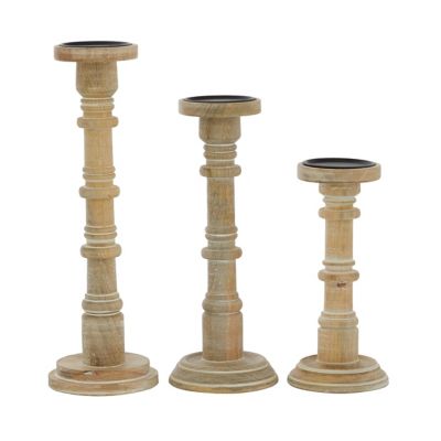 Image showing  Assorted Round Light Natural Wood Carved Candle Holders, 3-Pack