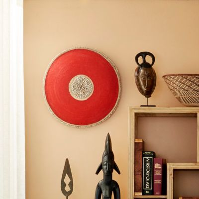 Harper & Willow Large Round Hand-Carved Baobab Wood/Cowrie Shell and Red Beaded Shield, 21 in. x 21 in. x 3.55