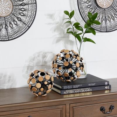 Harper & Willow Black Metal Round 3D Ball Sculpture with Wood Circle Exterior, 6 in., 7 in., 2 pc.