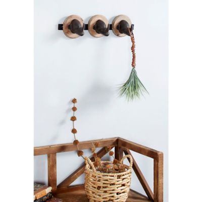 Harper & Willow Wood and Metal Rhino Sculpture Wall Mounts Decorative Wall Hook Rack with 3 Hooks, 19 in. x 5 in.