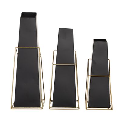 Image showing  Black Metal Vase with Gold Wire Accents Set of 3 10", 12", 14"H