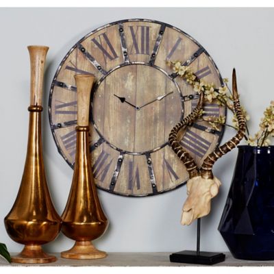 Harper & Willow 24 in. x 24 in. Large Metal and Wood Round Wall Clock with Roman Numerals