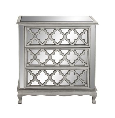 Image showing  32 in. x 35 in. 3-Drawer Silver Wood and Mirrored Cabinet, Crystal Rosette Handles, Small, 56617