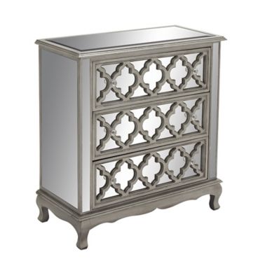 Image showing  32 in. x 35 in. 3-Drawer Silver Wood and Mirrored Cabinet, Crystal Rosette Handles, Small, 56617