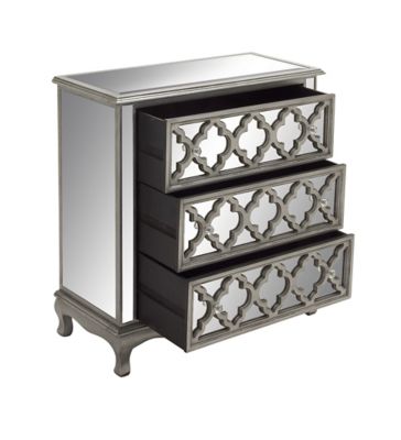 Image showing  32 in. x 35 in. 3-Drawer Silver Wood and Mirrored Cabinet, Crystal Rosette Handles, Small, 56617