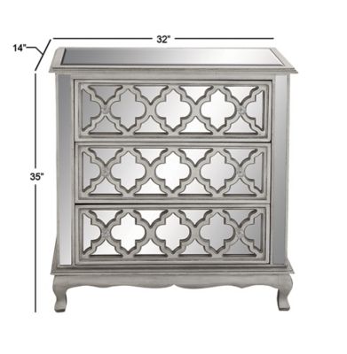 Image showing  32 in. x 35 in. 3-Drawer Silver Wood and Mirrored Cabinet, Crystal Rosette Handles, Small, 56617