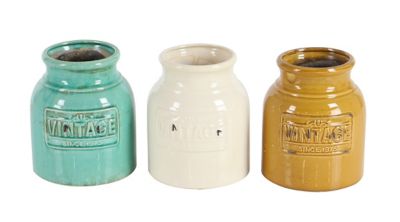 Image showing  Vintage Style Aqua Yellow and White Round Cutlery Jars, 7 in. x 9 in. Each, 3 pc.