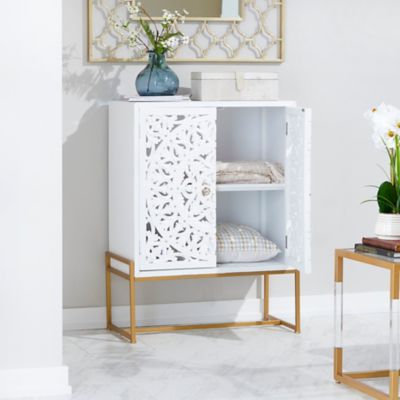 Harper & Willow 31 in. x 42 in. Square Traditional Style Carved Wood White Cabinet on Metallic Gold Iron Stand, 45845