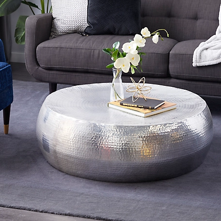 Harper & Willow Round Hammered Aluminum Metallic Silver Coffee Table, 42 in. x 14 in.