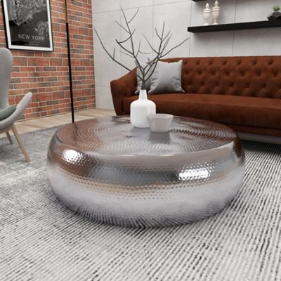 Image showing  Round Hammered Aluminum Metallic Coffee Table, 42 in. x 14 in., Silver