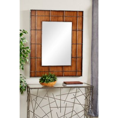 Harper & Willow Large Rectangular Golden Brown Wood Wall Mirror with Metal Grid Overlay, 36 in. x 44 in., 43665