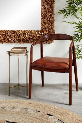 Harper & Willow Natural Teak Wood and Leather Scoop Back Dining Chair, 19.5 x 32 in. x 20.5 in., 15 lb.