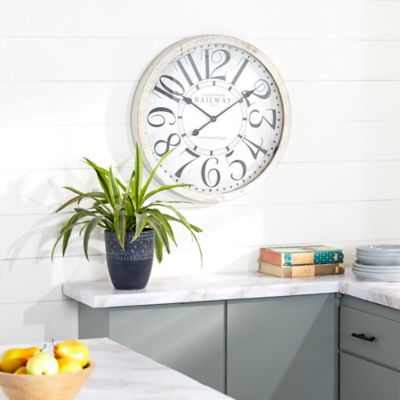 Harper & Willow 24 in. x 24 in. Large Round Railway Wood Wall Clock with Distressed White Wood Rim, Black/White