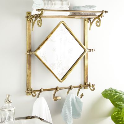 Harper & Willow Brass Bathroom Wall Rack With Hooks And Diamond Mirror, 25 In. X 28 In.