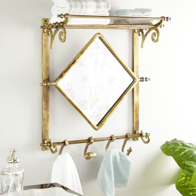 Harper & Willow Brass Bathroom Wall Rack with Hooks and Diamond Mirror, 25 in. x 28 in.