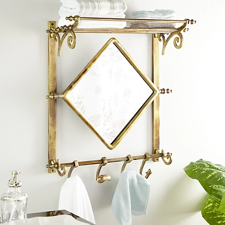 Harper & Willow Brass Bathroom Wall Rack with Hooks and Diamond Mirror, 25 in. x 28 in.