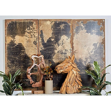 Harper & Willow Vintage Style Brown and Black 3-Panel Wooden Wall Map Decor, 22 in. x 47 in., 3 pc.