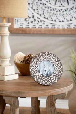 Image showing  9 in. Round Carved Wood Picture Frame with Chevron Pattern, White/Natural