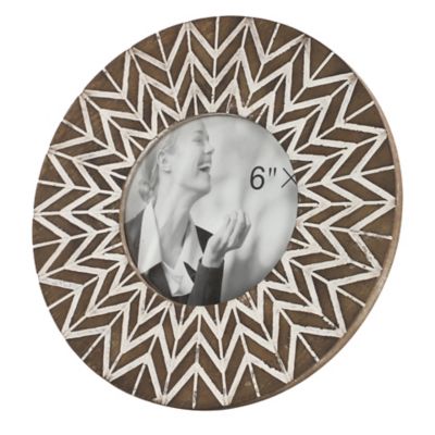 Image showing  9 in. Round Carved Wood Picture Frame with Chevron Pattern, White/Natural