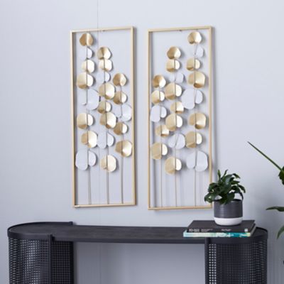 Harper & Willow Gold Metal Tall Cut-Out Leaf Wall Decor with Gold Frame, 34 in. H x 12 in. W, 2 pc.