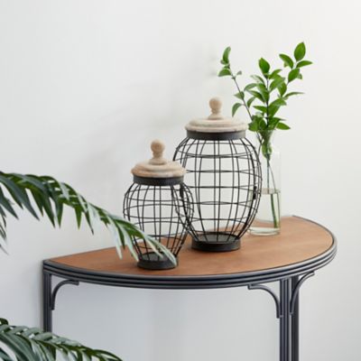 Harper & Willow 12 in. and 15 in. Round Black Open Metal Frame Jars with Natural Wood Lids Set, 2 pc.