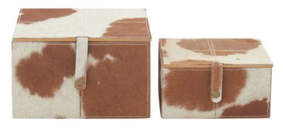 Image showing  Square Brown and White Cowhide Leather Decorative Box Set, Assorted, 2 pc.