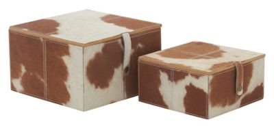 Image showing  Square Brown and White Cowhide Leather Decorative Box Set, Assorted, 2 pc.