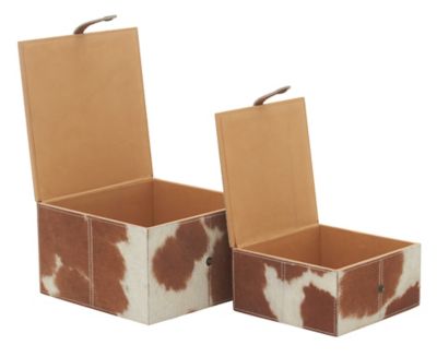 Image showing  Square Brown and White Cowhide Leather Decorative Box Set, Assorted, 2 pc.