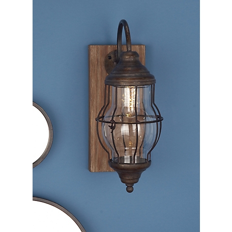 Harper & Willow Industrial Brown Metal and Brown Wood Wall Sconce, 5 in. x 17 in.