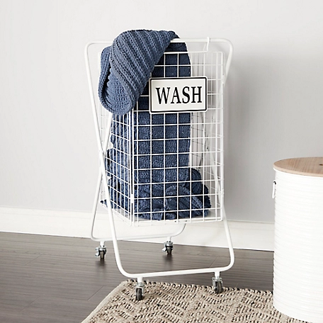 Harper & Willow 23 in. x 33 in. Metal Laundry Basket with Wheels, Decorative Sign, White