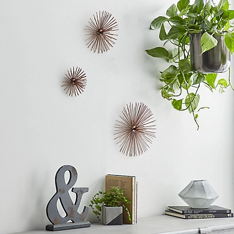 Harper & Willow Contemporary Style 3D Round Copper Metal Starburst Wall Decor Sculptures, 6 in., 9 in., 12 in., 3 pc.