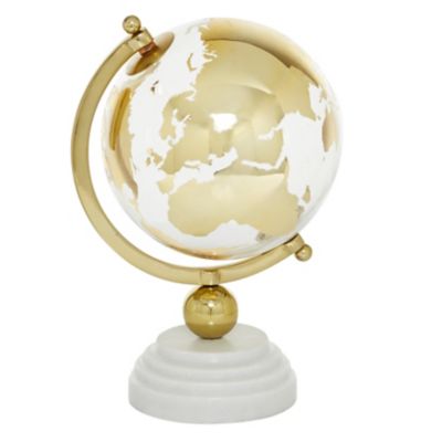Image showing  Round Glass Globe with Aluminum and Marble Base, 8 in. x 13 in., Gold/White