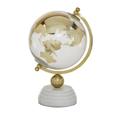 Image showing  Round Glass Globe with Aluminum and Marble Base, 8 in. x 13 in., Gold/White