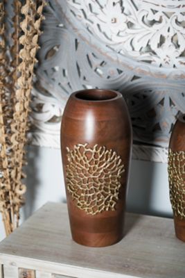 Harper & Willow 7 in. x 15 in. Cylinder Natural Mango Wood Vase, Gold Metal Coral Accent, Large