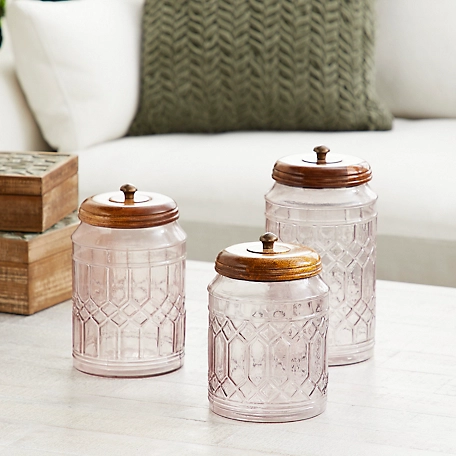 Harper & Willow Large Round Clear Glass Textured Patterned Jars with Wood Lids, 8 in., 9 in., 11 in., 3 pc.