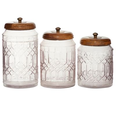 Image showing  Assorted Large Round Clear Glass Textured Patterned Jars with Wood Lids Set, 3 pc.