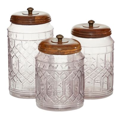Image showing  Assorted Large Round Clear Glass Textured Patterned Jars with Wood Lids Set, 3 pc.
