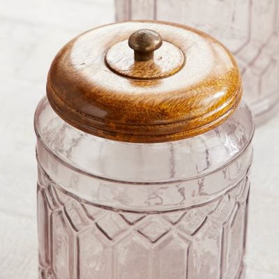 Image showing  Assorted Large Round Clear Glass Textured Patterned Jars with Wood Lids Set, 3 pc.