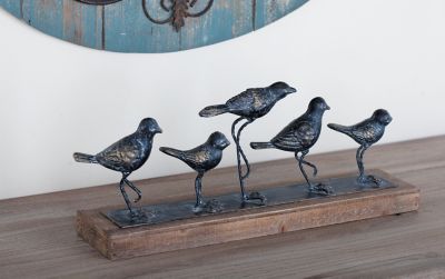 Harper & Willow Textural Metallic Silver Bird Sculptures Walking on Wood Base, Seasonal Spring Home Table Decor