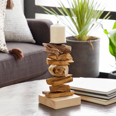 Harper & Willow 6 in. x 12 in. Large Recycled Natural Tree Root Wooden Pillar Candle Holder with Spike, 47775