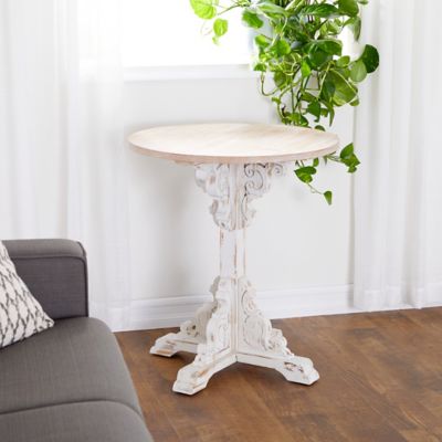 Harper & Willow Small Round Antique Wood Accent Table with Bastille Base, White