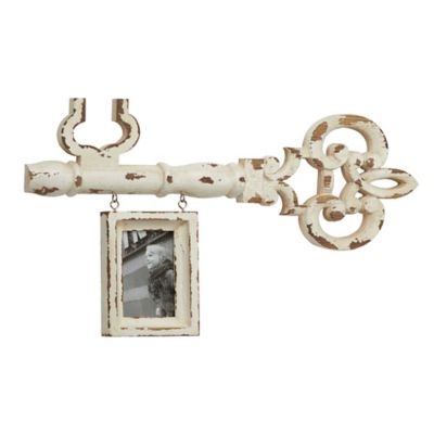 Image showing  Decorative Antique Key and Hanging Picture Frame Wall Decor Piece, Distressed White, 25 in. x 14.5 in.