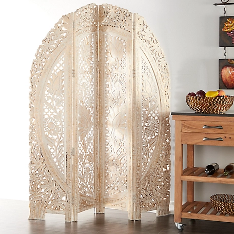 Harper & Willow White Wood Floral Handmade Foldable Arched Partition 4 Panel Room Divider Screen 60" x 2" x 72"