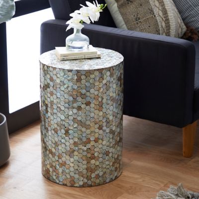 Harper & Willow 14 in. x 20 in. Round End Table with Freshwater Pearl Shell Honeycomb Inlay