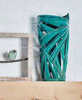 Harper & Willow 8 in. x 16 in. Modern-Style Large Green Ceramic Vase with Palm Leaf Silhouette