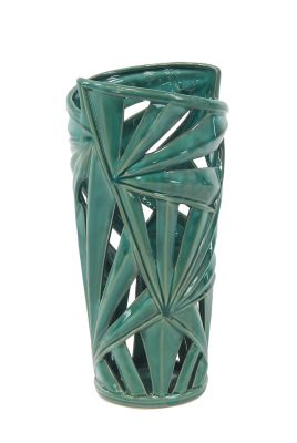Image showing  Modern Ceramic Vase with Palm Leaf Silhouette, 8 in. x 16 in., Green
