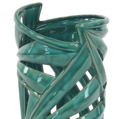 Image showing  Modern Ceramic Vase with Palm Leaf Silhouette, 8 in. x 16 in., Green