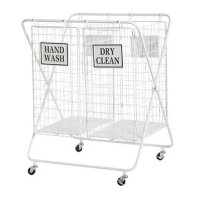 Image showing  23 in. x 31.5 in. Metal Double Laundry Basket with Wheels, Decorative Sign, White