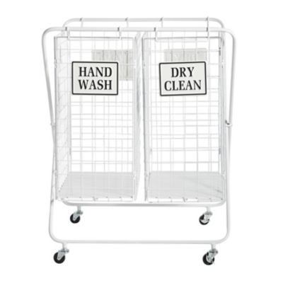 Image showing  23 in. x 31.5 in. Metal Double Laundry Basket with Wheels, Decorative Sign, White
