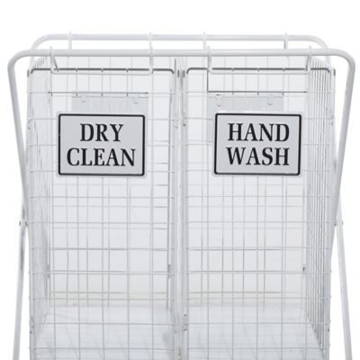 Image showing  23 in. x 31.5 in. Metal Double Laundry Basket with Wheels, Decorative Sign, White